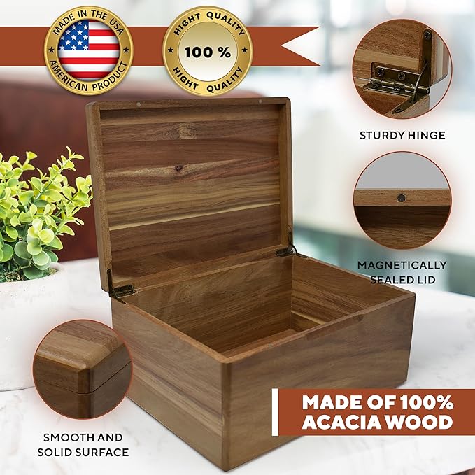 American Flag Box Personalized - Large Keepsake Boxes for Mens, Boys, 5th Wedding Gift Anniversary for Men/Women, Acacia Wood Decorative Chest Memory, Boys Treasure Box, 11.5 x 8.5 x 5.5 in