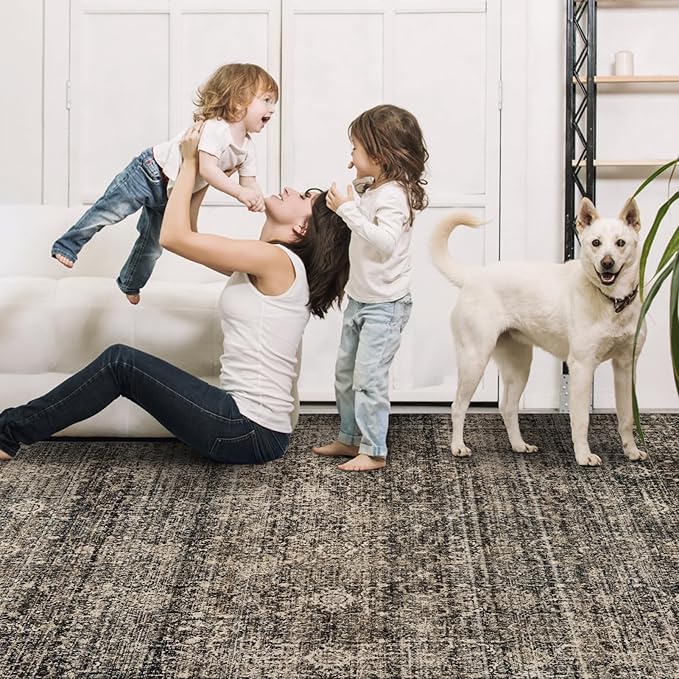 4x6 Washable Area Rug for Living Room, Carpet for Bedroom, Soft Faux Wool Retro Dining Room Rug, Non Slip&Non-Shedding Resistant Low Pile Vintage Print Rug for Home Office (Brown)