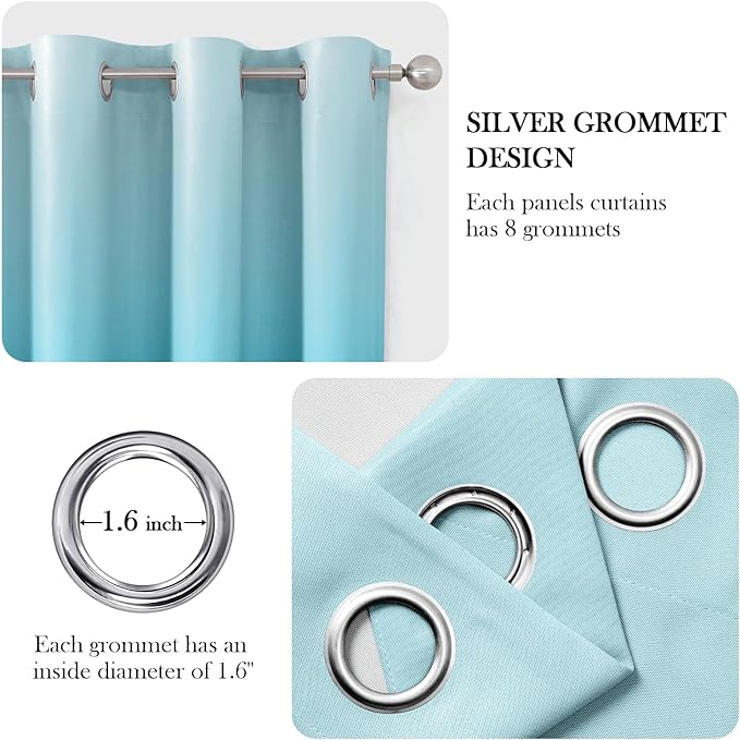 HOMEIDEAS Turquoise Ombre Blackout Curtains 52 X 96 Inch Length Gradient Room Darkening Thermal Insulated Energy Saving Grommet 2 Panels Window Drapes for Living Room, Bedroom