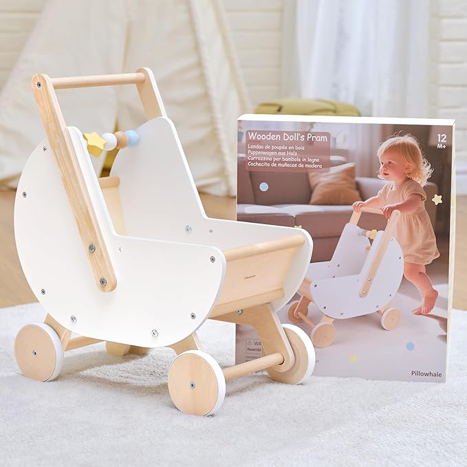 Wooden Baby Walker & Doll Stroller – Adjustable Handle Push Cart, Anti‑Tip, Quiet Wheels, Pretend Shopping Cart – Montessori Wooden Walker for Babies , Doll Stroller for Toddlers 12m+