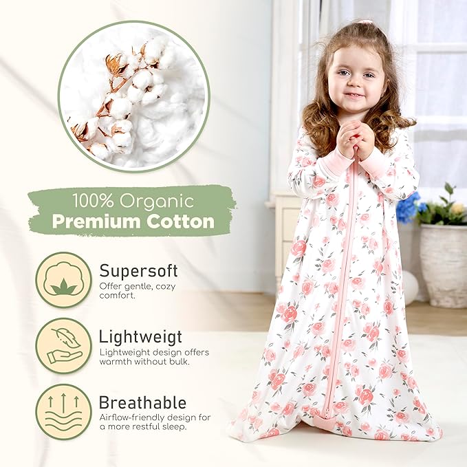 Mama Cheetah Baby Sleep Sack with Sleeves, 0.5 TOG Organic Cotton Wearable Blanket and Two-Way Zipper, Swaddle Transition Long Sleeve Sleeping Bag for Newborn Infant Toddler, 12-18 Months