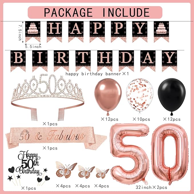 50th Birthday Decorations for Women - 56pcs Rose Gold Happy 50th Banner, 50th Birthday Crown Sash, Cake Topper, Number 50 balloons, 3D Butterflies, 4 Balloon Stands kits