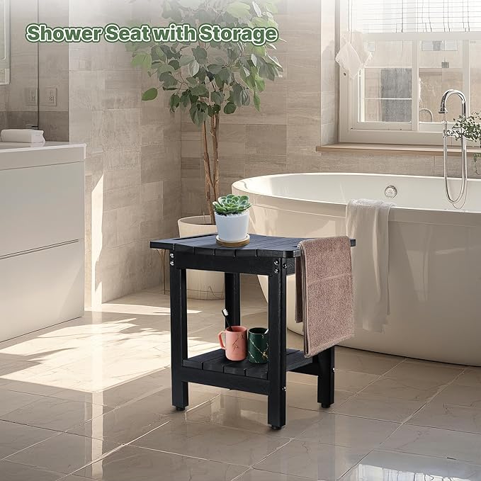 HDPE Shower Bench Seat Capacity 300LB, Waterproof Bathroom Stool with Side Carry Holes, Compact 16.8" L Design, Non-Slip Shower Seat for Elderly, Shaving Legs & Spa - Indoor/Outdoor Use(Black)
