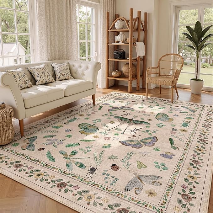8x10 Area Rugs with Insect Print - Bug Rug Non-Shedding Stain Resistant Soft Carpet for Bedroom, Low Pile Ultra-Thin Machine Washable Carpet for Dining Room, Kids Nursery, Office (8'x10' Beige)