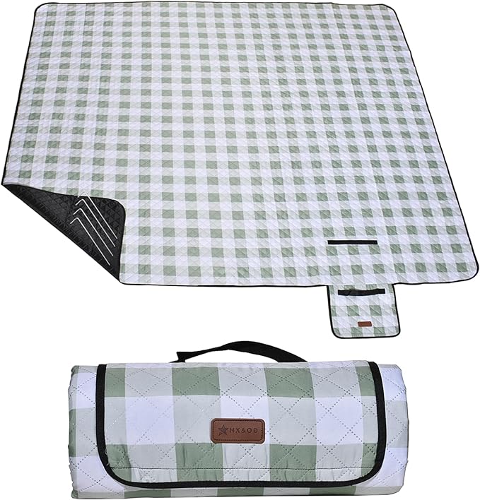 HX&OD Outdoor Picnic Blanket, Extra Large, 80''x60'' Waterproof Foldable Blankets Gingham Picnic Mat for Beach, Camping Grass Lawn Park Accessories Cute Couple Ideas Wedding (Green, 80”x60”)