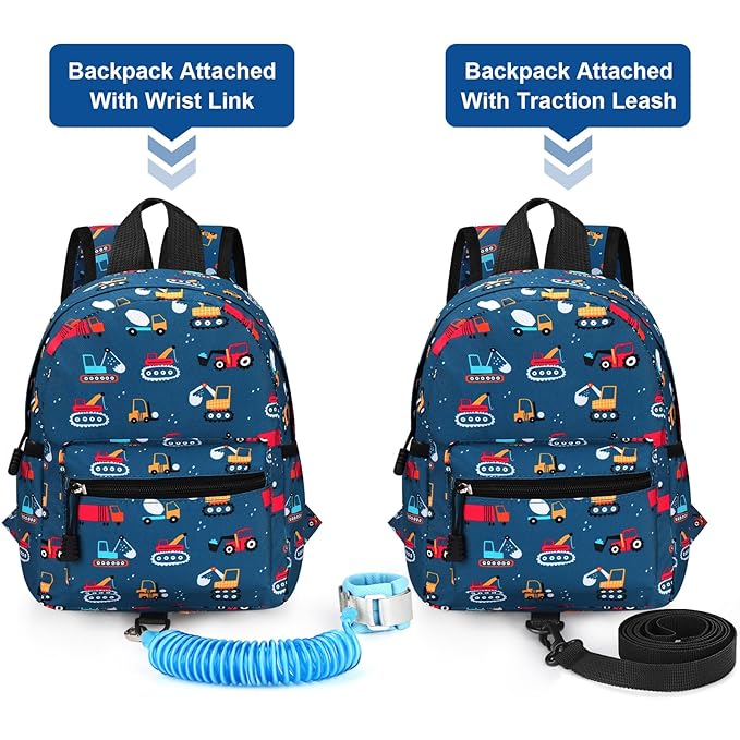 Accmor Toddler Backpack with Leash, Cute Baby Backpack with Anti Lost Wrist Link, Mini Kids Backpack Leash Walking Harness for Travel, Adjustable Excavator Backpack Tether for Boys Girls Ages 1-3