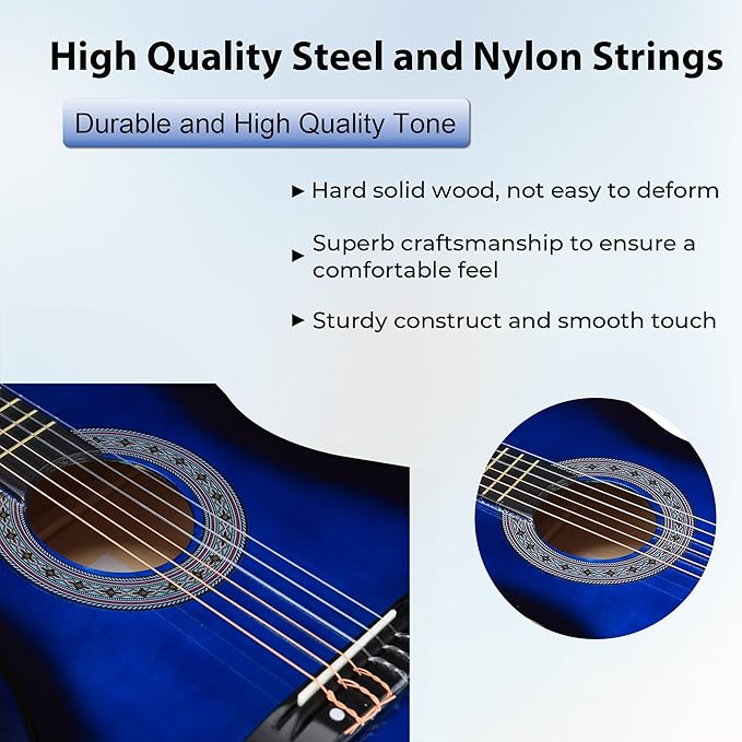 ADM Beginner Acoustic Classical Guitar 38 Inch Nylon Strings Wooden Guitar Bundle Kit for Kid Boy Girl Student Youth Guitarra Online Lessons with Gig Bag, Strap, Tuner, Strings, Blue