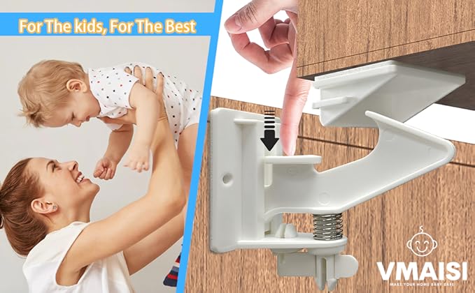 20 Pack Cabinet Locks Child Safety Latches - Vmaisi Baby Proofing Cabinets Drawers Lock - Upgraded Stronger Adhesive Easy Installation - No Drilling