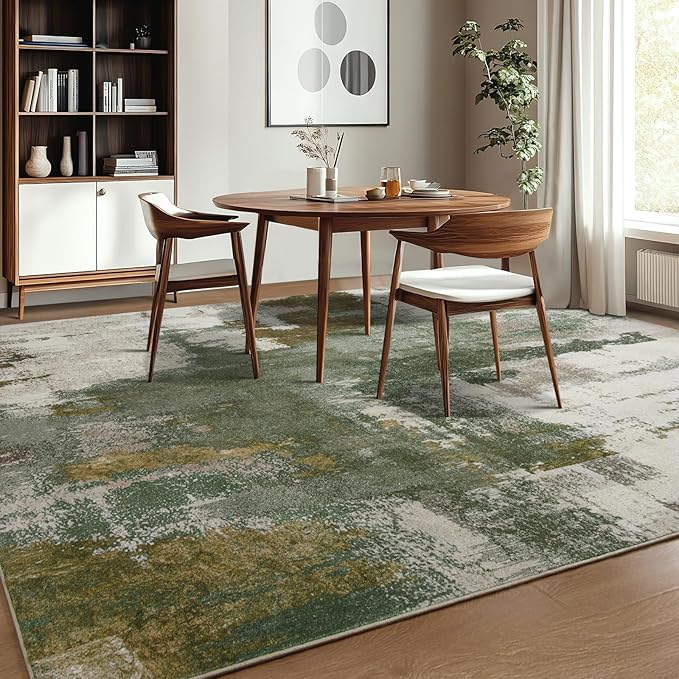 Kelarea Living Room Rug, 9x12 Rug Modern Abstract Washable Rugs, Green Vintage Low Pile Carpet, Non Slip Large Rugs for Bedroom, Dining Room, College Dorm, Home Office