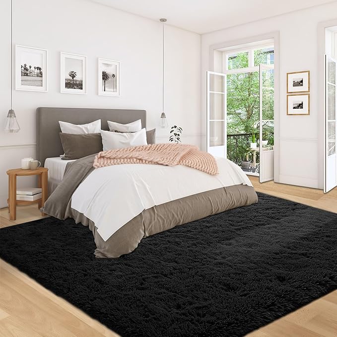 5x8 Area Rug for Living Room: Fluffy Shag Soft Washable Rugs Fuzzy Plush Indoor Carpet for Bedroom Nursery Playroom Dorm Kids Girls Boys Room (Black, 5'x8')