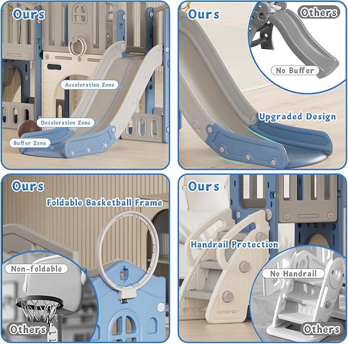 8 in 1 Toddler Slide Set, Kids Slide for Toddlers Age 1-3, Toddler Climber Slide PlaySet with Basketball Hoop and Ball, Outdoor Indoor Kids Playground for Toddlers 1-3, Blue Grey
