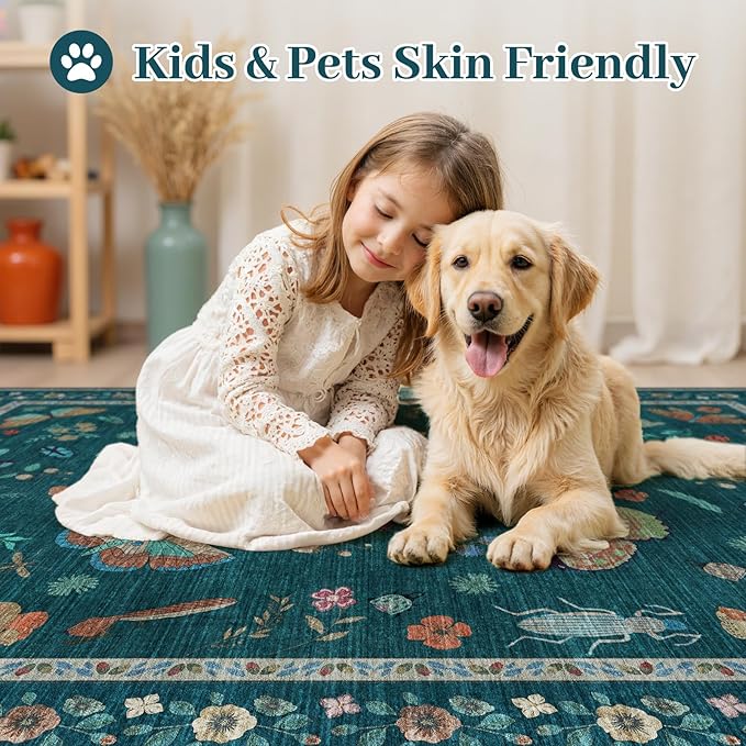 8x10 Area Rugs with Insect Print - Bug Rug Non-Shedding Stain Resistant Soft Carpet for Bedroom, Low Pile Ultra-Thin Machine Washable Carpet for Dining Room, Kids Nursery, Office (8'x10' Teal)
