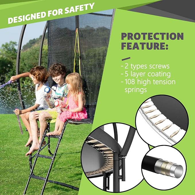 14FT 12FT 10FT 16FT Trampoline with Safety Enclosure, Anti-Rust Coating – ASTM Certified, Heavy-Duty Outdoor Trampoline with Ladder – for Kids & Adults