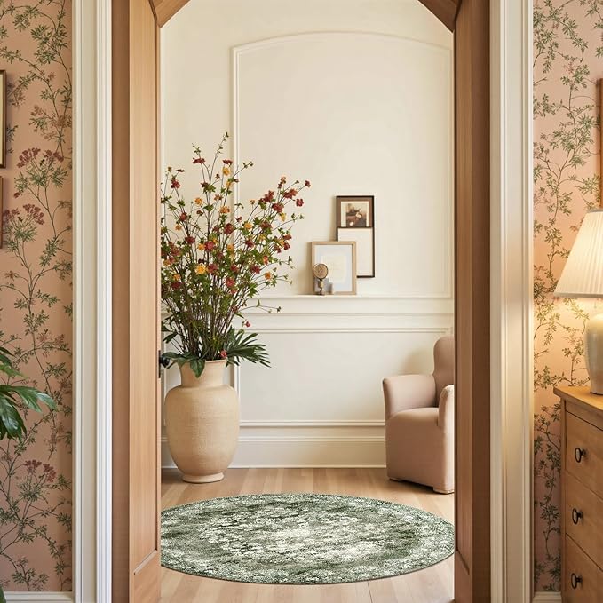 jinchan Round Rug 5ft Area Rug - Green Vintage Floor Mat Kitchen Indoor - Washable Circle 5' Thin Floral Print Carpet Retro Farmhouse Non Slip Dining Room Living Room Bedroom Office