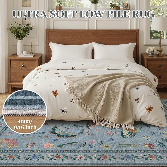 6x9 Rugs for Living Room with Insect Print - Bug Rug Non-Silp Stain Resistant Soft Carpet for Bedroom, Low Pile Ultra-Thin Machine Washable Carpet for Dining Room, Kids Nursery, Office (6'x6' Blue)