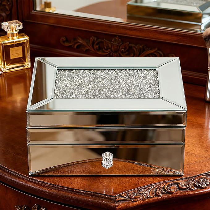 2 Layer Mirror Glass Jewelry Box with Crushed Diamond Decor, Velvet-Lined Trinket Organizer for Rings Earrings Necklaces Bracelets - Elegant Treasure Chest Storage Case for Women Girls
