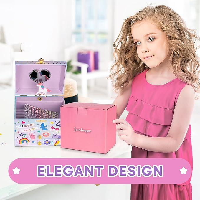 Jewelkeeper Musical Jewelry Box with Alphabet Sticker - Personalize with Names - with 1 Pullout Drawer and Spinning Unicorn Doll - Beautiful Dreamer Tune - Ideal for Kids 5 and Up - 5.37"Lx7.25"Wx4"H
