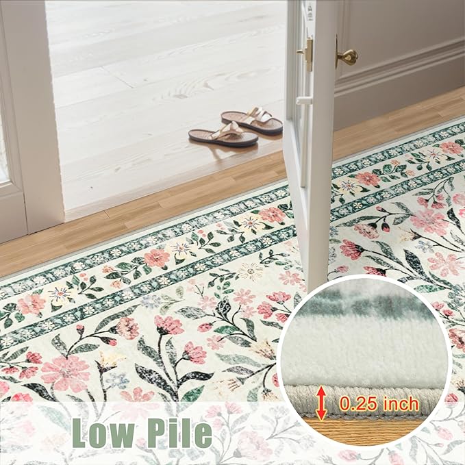 8x10 Area Rugs for Living Room: Floral Washable Rug Vintage Large Soft Boho Non-Slip Carpet Indoor Stain Resistant Low Pile Carpets for Bedroom Dining Room Farmhouse Nursery Home Office Green Beige