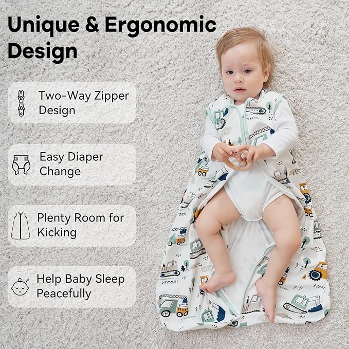 Baby Sleep Sack 12-18 Months 0.5 Tog Wearable Blanket Baby, 3 Pack 100% Cotton Lightweight Sleeping Sack with 2-Way Zipper for Infant Toddler Excavator
