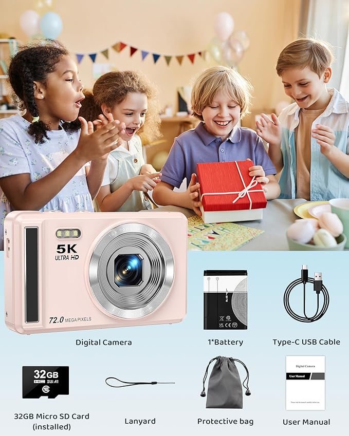 5K Digital Camera - 72MP UHD Digital Cameras for Photography - Autofocus Point and Shoot Small Camera with Flash for Kids - 2.8 Inch Screen Compact Portable Vlogging Camara with 16X Zoom, 32GB SD Card