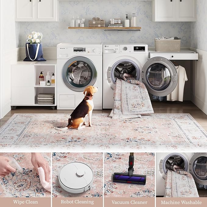 jinchan Vintage Floral 5x7 Area Rugs for Bedroom - Machine Washable Distressed Design Stain Resistant Boho Carpet Ultra-Thin Low Pile Non-Slip for Living Room Dining Room Kitchen (5‘x7',Pink)