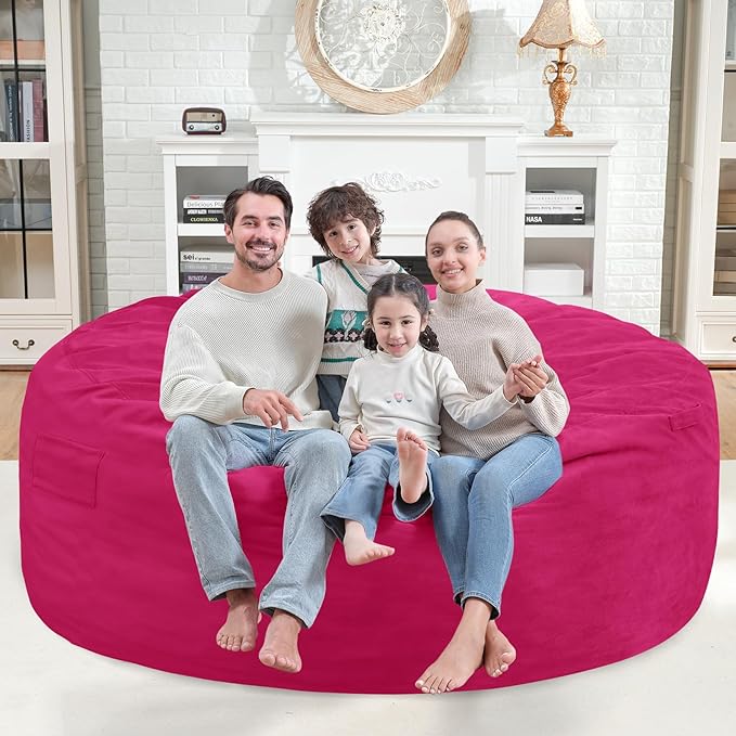 6FT Bean Bag Chair, Large Bean Bag Chairs with Memory Foam Filled, Fluffy Beanbag Sofa with Dutch Velvet Cover, Round BeanBag Chairs for Living Room, Playroom - Pink