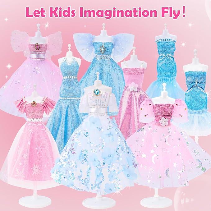 AHCo. Fashion Designer Kit with 5 Mannequins & 2 Extra Poseable Dolls, Sewing & Arts Crafts Kit for Girls Ages 5 6 7 8-12, Creative Birthday Gift for Kids