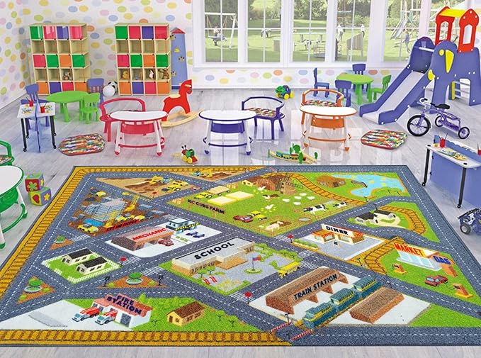 KC Cubs 8x10 Country Farm Construction Car Road Street Rug – Educational Carpet Play Mat for Kids, Toddlers Nursery, Classroom, Playroom, Baby Daycare