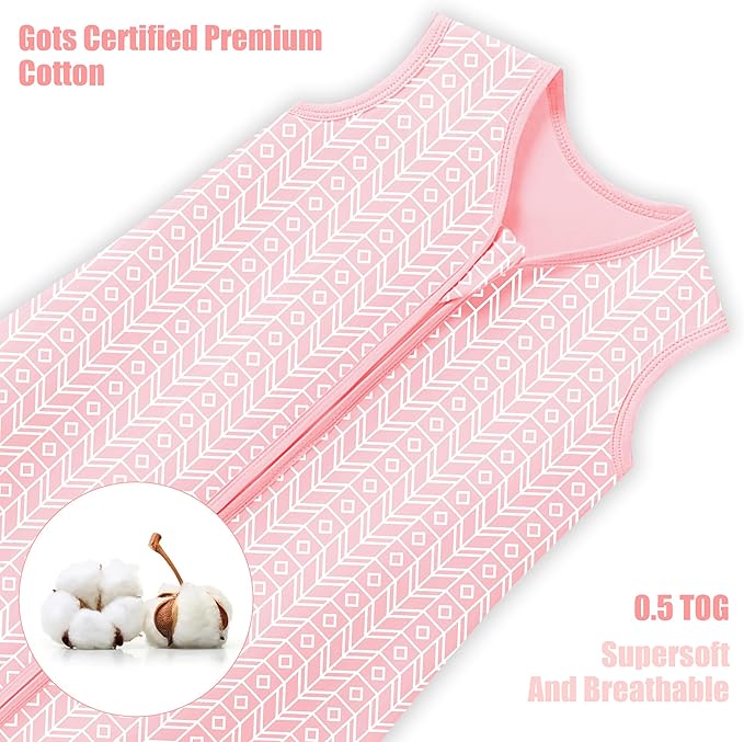 SWEET DOLPHIN Baby Sleep Sack 6-12 Months - 100% Cotton 2-Way Zipper TOG 0.5 Infant Wearable Blanket, Newborn Essentials Toddler 3 Pack Sleeping Sacks - Pink