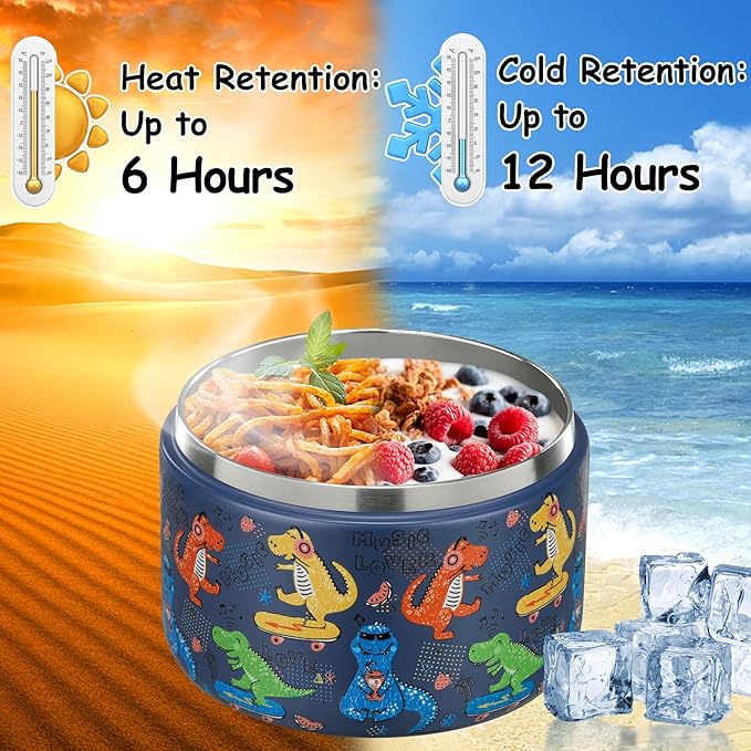 12oz Insulated Vacuum Food Jar with Buckle Lid Wide Mouth Soup Thermo for Hot Food Kids Leakproof Stainless Steel Lunch Container (Blue-Dinosaur)