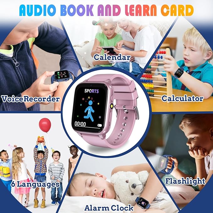 Goodatech 1.69'' Kids Smart Watch for Kids Boys Girls, HD Camera,26 Puzzle Games,Video Music Player,Pedometer,Flashlight,Alarm Clock, Christmas Birthday Gifts for 4-12 Years Children (Pink)