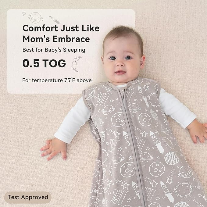 Baby Sleep Sack 18-24 Months 3 Pack 100% Cotton Lightweight 0.5 TOG Wearable Blanket Baby Sleep Bag with 2-Way Zipper for Newborn Infant White Gray Blue Space