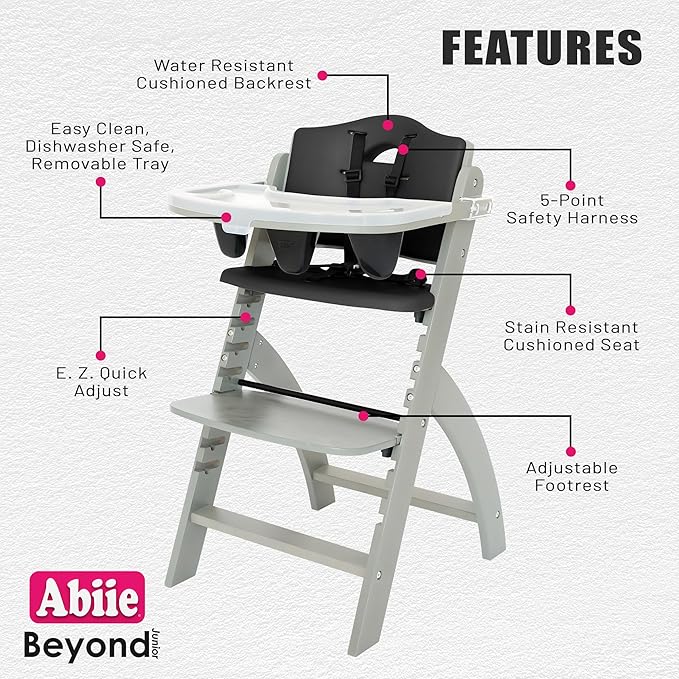 Abiie Beyond Junior Wooden High Chair with Tray - Adjustable and Convertible High Chair for Babies and Toddlers - 6 Months to 250 Lb - Water Resistant - Misty Grey Wood/Black Pearl Cushion