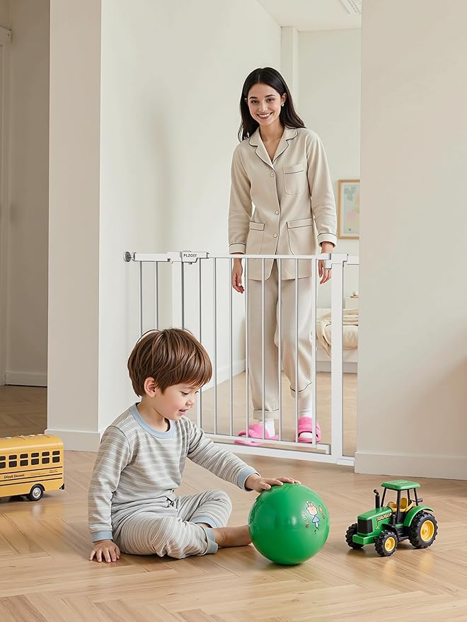 29.5-40.5" Baby Gate for Stairs, Dog Gate for Doorways, Walk Thru Auto Close Metal Baby Safety Gate for The House, Stairs and Doorways, Child Gate Pressure Mounted, Pet Gate for Dog Indoor - White