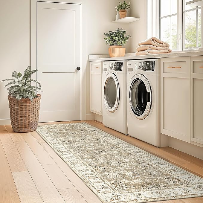 jinchan Runner Rug 2x5 Machine Washable Hallway Rug Taupe Vintage Floral Print Non-Slip Low Pile Ultra-Thin for Kitchen,Entryway,Laundry Room,Bedroom,Farmhouse (2‘x5’,Taupe)