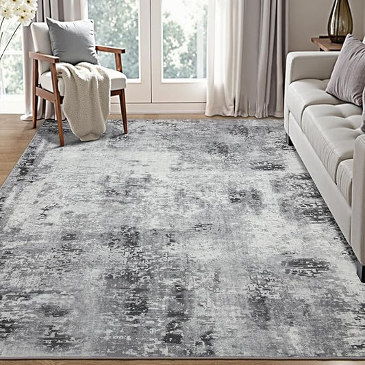 Kelarea Living Room Rug 4x6 Grey Area Rug Machine Washable Rugs, Non Slip Abstract Vintage Indoor Carpet for Bedroom, Nursery, Classroom, Dining Room, Home Office