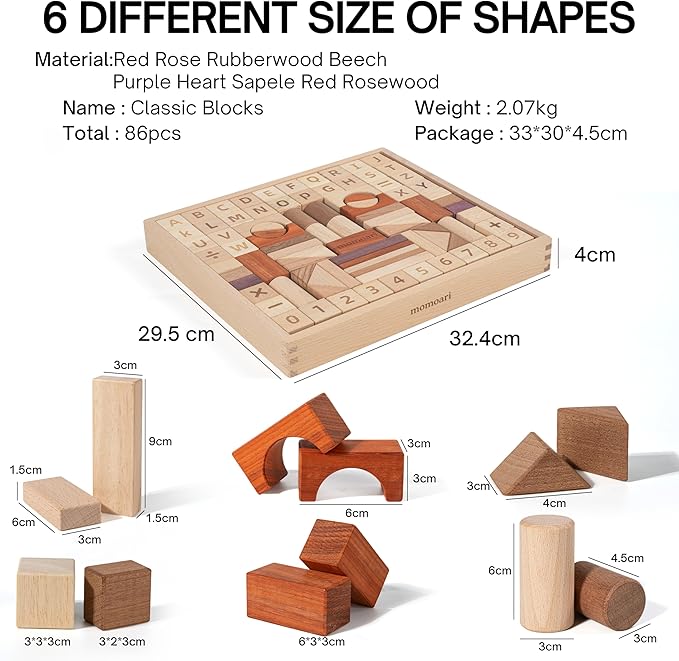 Alphabet Number Early Math Wooden Building Blocks Set - 86 Blocks in 6 Shapes with Wooden Storage Tray. Preschool Montessori Kids Toys. Stacking Learning Toys for Toddlers. Age 3 Years +