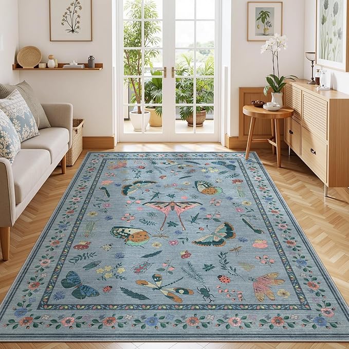 5x7 Washable Area Rug with Insect Print - Bug Rug Non-Shedding Stain Resistant Soft Carpet for Bedroom, Low Pile Ultra-Thin Machine Washable Carpet for Dining Room, Kids Nursery, Office (5'x7' Blue)