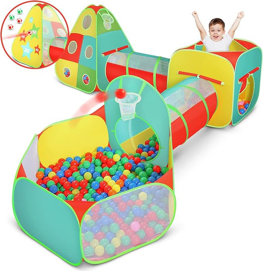5pc Kids Play Tent for Toddlers with Ball Pit, Crawl Tunnel, Indoor & Outdoor Playhouse, Jungle Gym, Toys for Boys & Girls, Includes Dart Balls, Teepee & Basketball Hoops