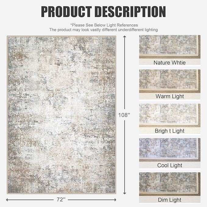 6x9 Area Rug Living Room Rug: Washable Modern Abstract Soft Thin Rug Indoor Floor No Slip Stain Resistant Carpet for Bedroom Dining Room Farmhouse Nursery Home Office - Brown Grey