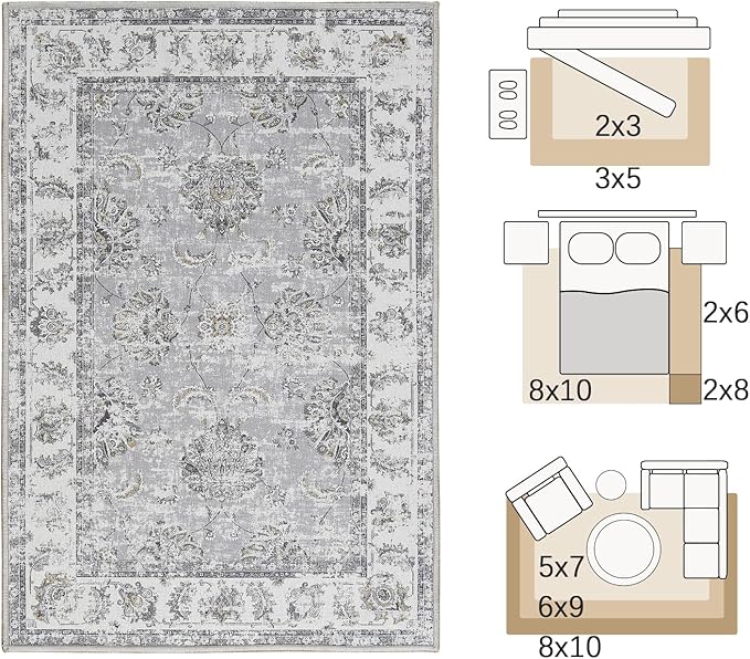 jinchan Floral 2x3 Rugs for Entryway - Vintage Washable Small Non-Slip Distressed Indoor Doormat Ultra-Thin Low-Pile Accent Rug for Entrance Kitchen Bedroom Bathroom (2x3ft,Grey)