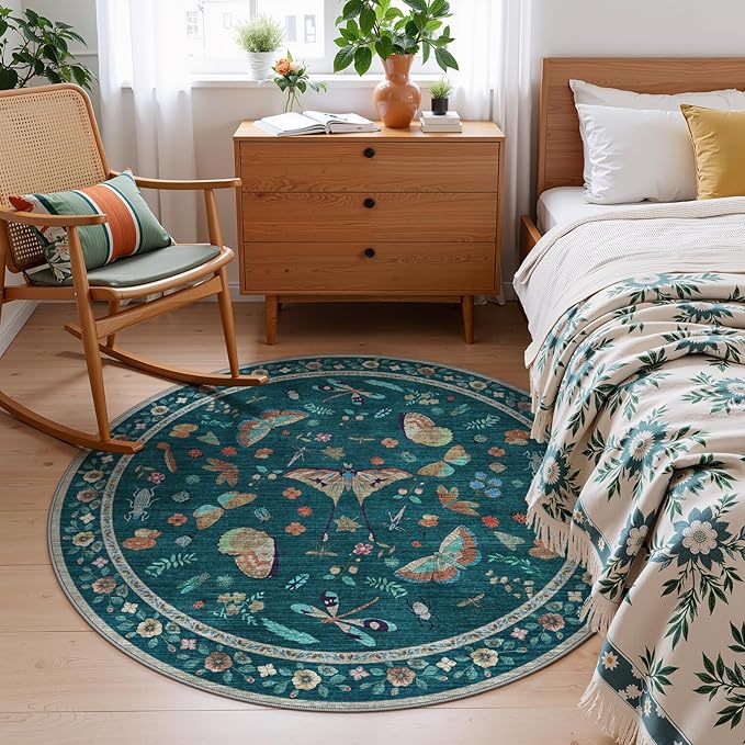 6ft Washable Round Rug - Bug Rugs for Living Room Non-Slip Low Pile Soft Ultra-Thin Machine Washable Circle Carpet for Bedroom, Entryway, Nursery, Kitchen, Home Office (6' Round Teal)