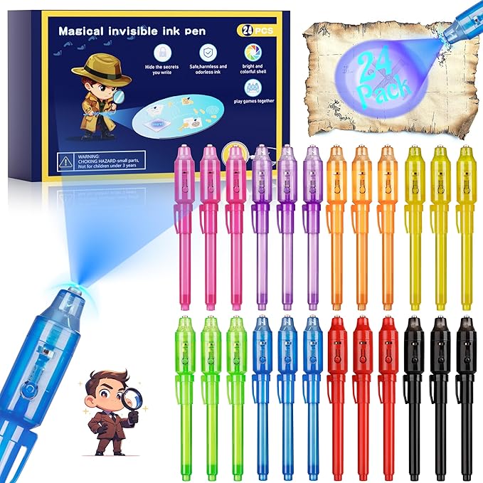 Invisible Ink Pen 24Pcs, Spy Pens with UV Light, Magic Marker, Classroom Prize, Birthday party favors for kids 8-12, Kids Christmas Gift Stocking Stuffers