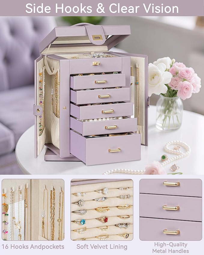 AKOZLIN 360° Rotating Jewelry Box 6-Tier Organizer Functional Jewelry Storage Case for Women Girls Ring Necklace Earring Bracelet Holder with Mirror Purple