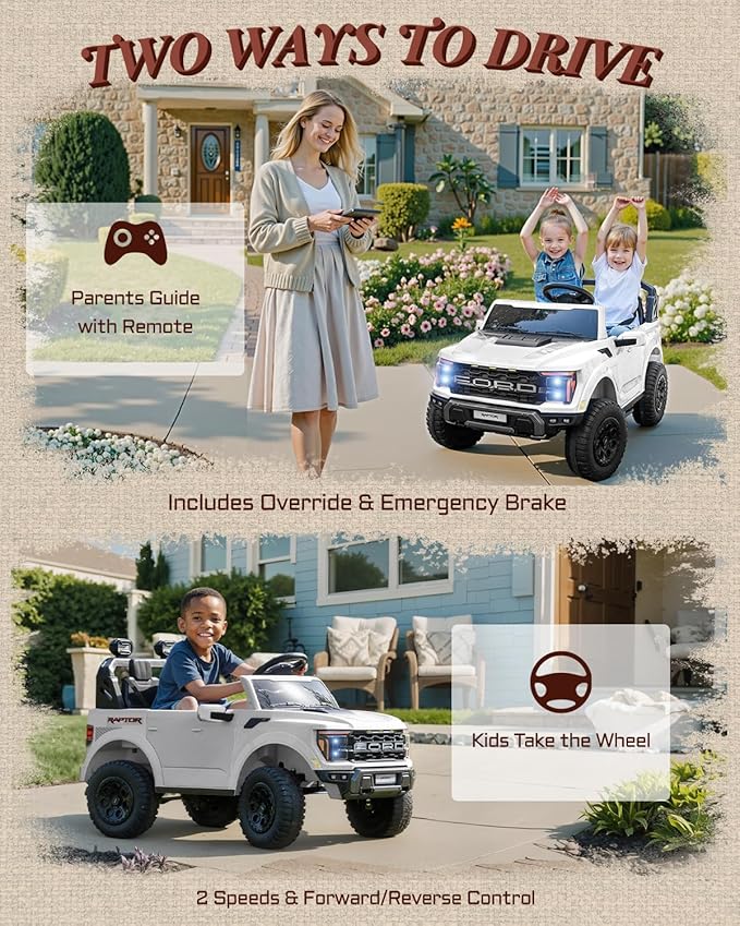 24V Kids Ride On Truck, Licensed Ford F-150 Raptor 2 Seater Electric Car w/Remote Control, Toddler Ride On Car Toys w/LED Lights, Bluetooth, Music, Truck Bed Storage, Soft Start (White)