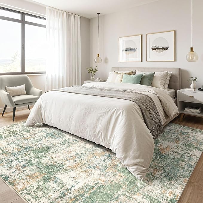 10x14 Area Rugs Living Room: Washable Large Abstract Soft Green Rug Stain Resistant Indoor Floor Non-Slip Accent Carpet for Men Modern Home Enthusiasts Aged 25-45 - Bedroom Office Playroom