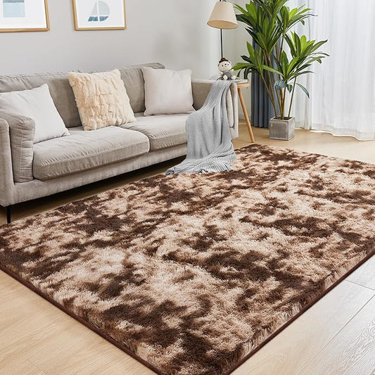 6x9 Area Rugs for Living Room, Fluffy Shaggy Bedroom Rug Indoor Carpet, Anti-Skid Soft High Pile Rug for Nursery, Kids Room, Bedside, Home Decoration, Tie-Dyed Brown