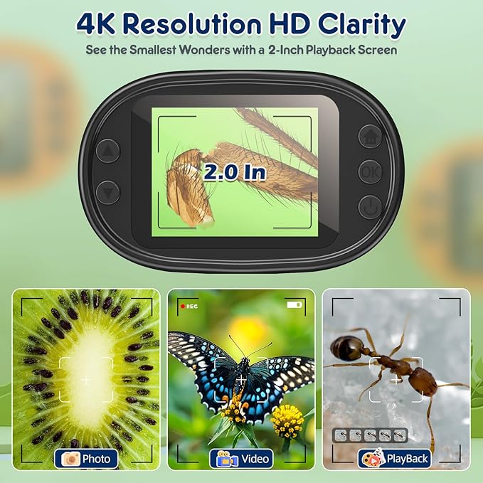 1000X Handheld Microscope for Kids 4K 2.0" Screen Rechargeable Mini Pocket Digital Microscopes w/Slides Kit Portable Edu Gift Age 4-6 8-12 Children Students (Grey)