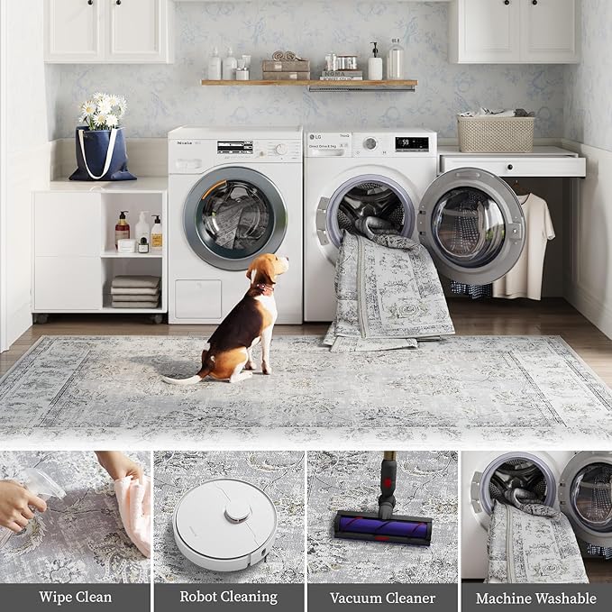 jinchan Long Hallway Runner Rug 2x12 Machine Washable Runner Rug Grey Vintage Floral Design Non-Slip Ultra-Thin for Kitchen Laundry Room Bedroom Farmhouse (2‘x12',Grey)