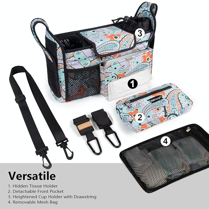 TOPDesign Universal Baby Stroller Organizer, Stroller Caddy with Detachable Mesh Bag & Heightened Insulated Cup Holders & Non-Slip Secure Hooks Accessories, Fits Most Strollers (Green Bandanna)